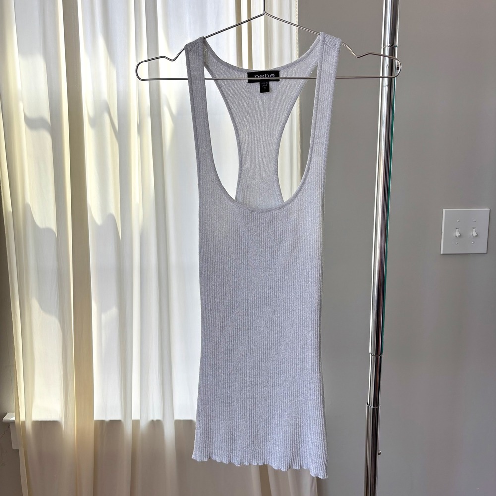 Y2K Bebe Ribbed Tank Halter Top Metallic Silver Clubwear Party Bimbocore McBling